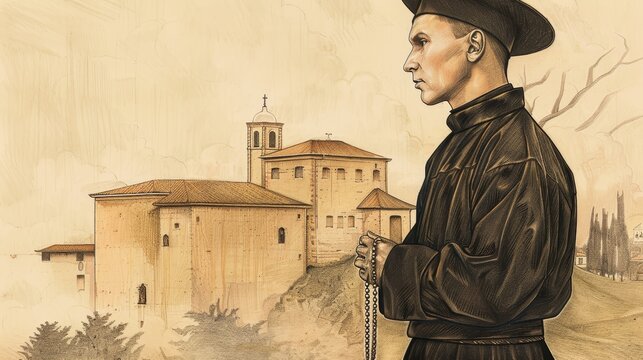 Biblical Illustration of Saint Maximilian Kolbe in Franciscan habit, holding a rosary. Serene monastery background, deep faith, dedication, peaceful and holy atmosphere. Beige Background, copyspace.