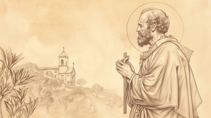 Fototapeta premium Biblical Illustration of Saint Joseph of Cupertino in deep prayer, holding a cross, serene church setting, piety and mystical experiences, beige background, copyspace