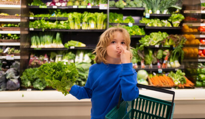 Child with shopping basket and fresh vegetables. Shopping with kids. Kid buying fruit in supermarket. Little boy buy fresh vegetables in grocery store. Kid choosing vegetables. Healthy food.