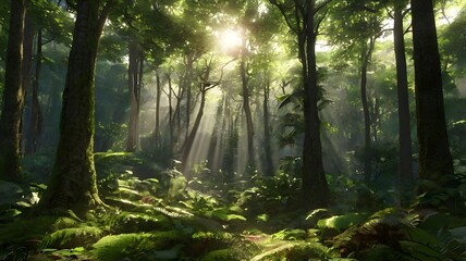 Obraz premium A secluded forest glade with sunlight streaming through the canopy 