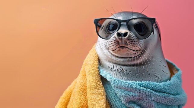 Playful seal wearing sunglasses and wrapped in colorful towels against a vibrant background, depicting a fun and sunny beach vibe.