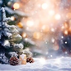 Christmas winter background with snow and blurred bokeh merry chritmas and happy new year greeting, Ai Generated