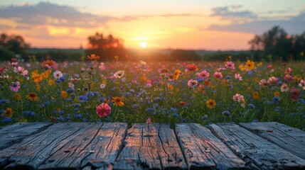 Scenic sunset view of a wildflower field with a rustic wooden table in the foreground, perfect for nature-themed projects or backgrounds.