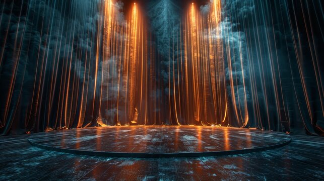 Spectacular stage lighting with warm golden beams and dramatic curtains in a dark, atmospheric theatrical setting.