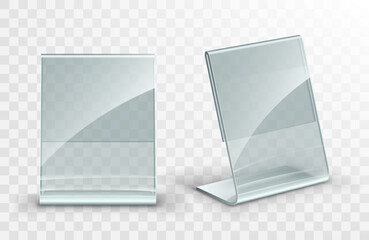 Vector acrylic table tent. Card holder isolated on transparent background. Empty flyer glass display.