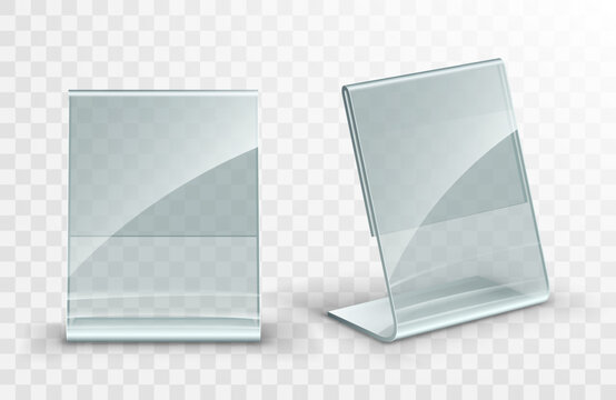 Vector acrylic table tent. Card holder isolated on transparent background. Empty flyer glass display.