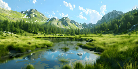 Fototapeta premium Lago Sereno entre Montanhas Verdes
