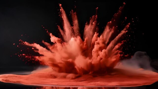 Vibrant maroon powder explosion creating an abstract pattern against a dark background. Swirling bursts of paint in vivid shades of maroon evoke a sense of energy, creativity, and motion.
