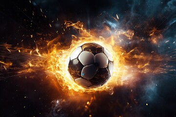 Fototapeta premium A soccer ball is on fire and is surrounded by golden electrical sparks