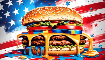classic american cheeseburger with patriotic flag Celebrating Independence day on 4th July with an American stars and stripes flag in the background, Generative AI