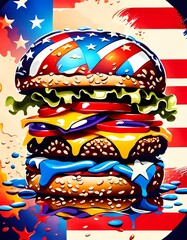 classic american cheeseburger with patriotic flag Celebrating Independence day on 4th July with an American stars and stripes flag in the background, Generative AI