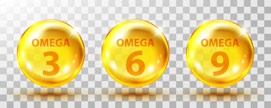 Vector realistic omega acids. Healthy food supplements fatty acid epa dha 3, 6 and 9 organic vitamin nutrient fish oil.