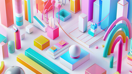A vibrant and colorful 3D render of graphs, charts, data points, icons and elements for business marketing and social media on a white background