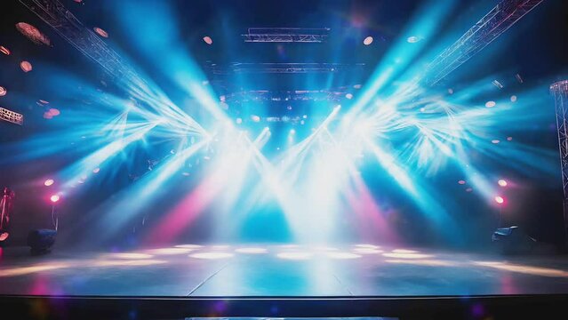 Stage flash light stage shining at studio stage lights. spotlights Laser holograms spins, turns light bright beams. Lighting equipment light effects stage lighting during show