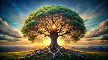 A majestic tree's branches and roots morphing into a human brain, symbolizing mental growth, knowledge, and self-improvement in a whimsical, surreal landscape.