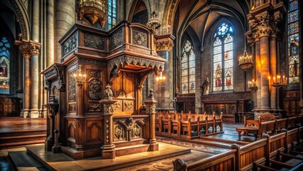 Obraz premium A ornate, dimly lit cathedral interior with a solitary, worn, wooden pulpit, adorned with intricate carvings, evoking a sense of piety and solemnity.