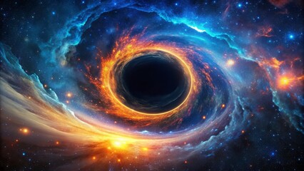 Obraz premium A mesmerizing celestial anomaly, dark circular void with swirling blue-purple gases and vibrant orange hues, set against a starry black cosmic background.