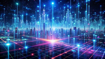 Obraz premium Swarms of glowing blue and purple data streams, cryptic codes, and algorithms traverse a futuristic, high-tech, virtual realm, evoking a mesmerizing ai-driven cyber landscape.