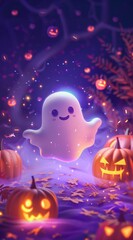 This vibrant artwork captures a glowing ghost among pumpkins and autumn leaves with a dreamy purple and pink background