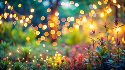 Soft focus garden background with vibrant abstract bokeh lights and delicate foliage, providing ample copyspace for creative projects and banners, evoking serenity.