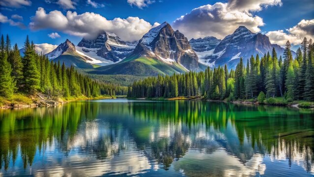 Majestic snow-capped rocky mountains rise above serene alpine lake on a tranquil tuesday afternoon, with lush green forest and vast blue sky background.