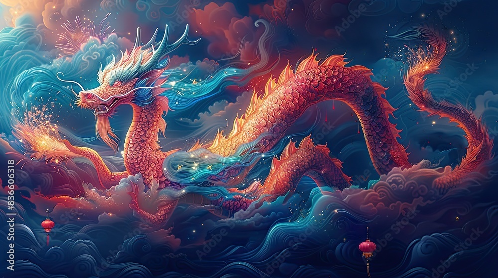 Wall mural prompt, a vibrant and creative chinese new year poster for the year of the dragon, envision a majest - Wall murals