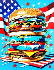classic american cheeseburger with patriotic flag Celebrating Independence day on 4th July with an American stars and stripes flag in the background, Generative AI