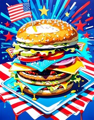 classic american cheeseburger with patriotic flag Celebrating Independence day on 4th July with an American stars and stripes flag in the background, Generative AI