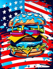 classic american cheeseburger with patriotic flag Celebrating Independence day on 4th July with an American stars and stripes flag in the background, Generative AI