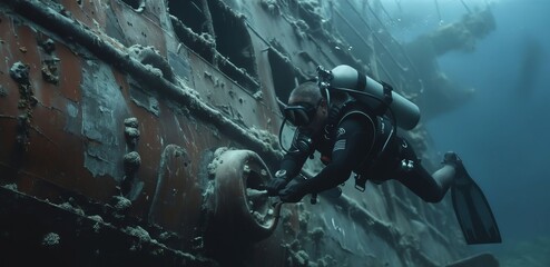 Naklejka premium A man in scuba gear is diving near a ship.
