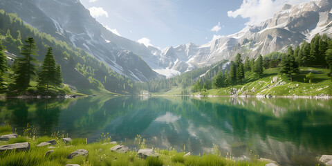 Lago de montanha tranquilo cercado por pinheiros