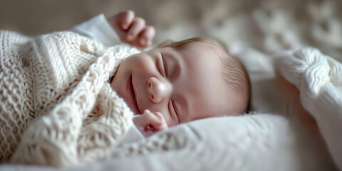 A baby is sleeping in a white blanket.