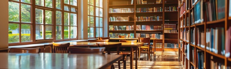 Many tables and chairs in a library with bookshelves, school background

