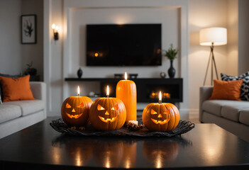 Table in a Modern Living Room Decorated for Halloween Close-Up