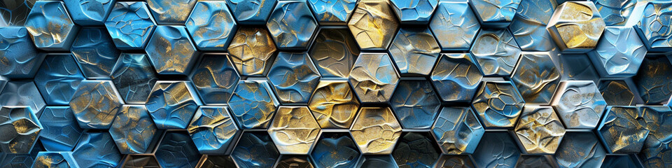 A captivating 3D wall art piece featuring a network of interlocking hexagons in varying shades of blue and gold, creating a dynamic decor element.