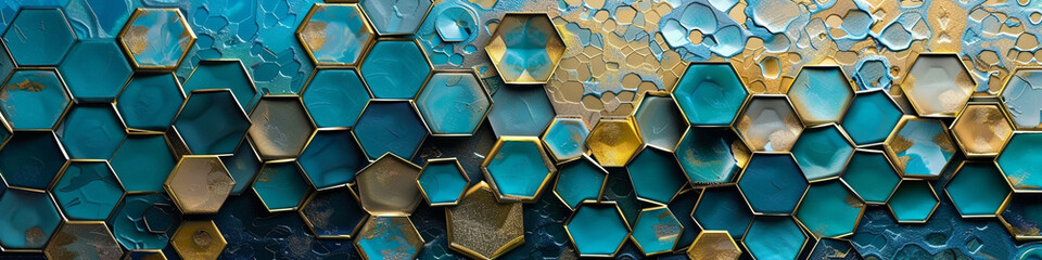 A captivating 3D wall art piece featuring a network of interlocking hexagons in varying shades of blue and gold, creating a dynamic decor element.