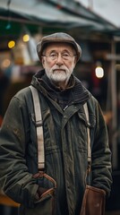 Obraz premium An older man standing in front of a market.