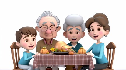 A family having a thanksgiving dinner together around a table with a turkey on it.