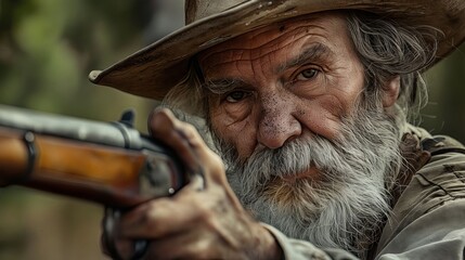 A man with a long beard holding a gun.
