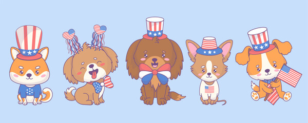 Obraz premium Independence Day. Cute festive dogs wearing clothes, accessories and party hats in colors of American flag collection. Isolated cartoon funny kawaii animal characters pet. Vector illustration.