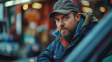 A man in a cap and jacket looking out of a car.
