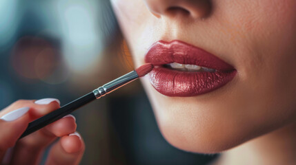 Beautiful woman's face, model appearance, professional makeup, advertising of decorative cosmetics, including lipstick, powder, eye shadow. Place for text. Advertising banner