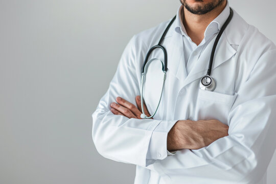 Photo of A doctor in white coat with stethoscope on chest, isolated on light background. Close up portrait of male medical worker standing and looking at camera.otd concept, stock photo for adobe stoc