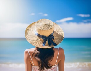 夏の海辺で麦わら帽子を被った後ろ姿の女性