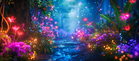Neon fairy tale forest with luminous flowers, fantasy nigt wonderland 