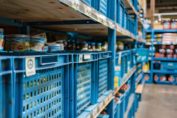 Blue plastic crates with labels on the shelves in the store, close up. The crates were arranged on the shelves with their labels facing outward so customers could see what was inside. The style was re