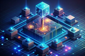 A computer chip is shown in a blue and purple color scheme