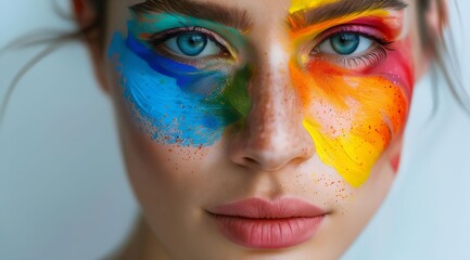 A woman with colorful paint on her face. LGBT Pride.