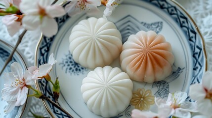 Fototapeta premium A top view of hanabira mochi, with its delicate and artistic design, showcasing the smooth, soft texture and the fine details of this traditional Japanese confection