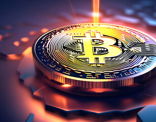 A 3D Bitcoin symbol. Bitcoin graphic with futuristic elements, valuable cryptocurrencies by market,
cryptocurrency technology and digital money.
